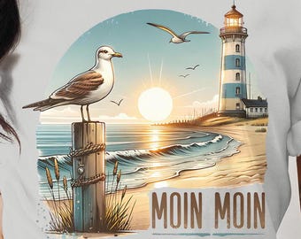May include: A white t-shirt featuring a graphic of a seagull perched on a wooden post, a lighthouse, and a sunset over the ocean. The text MOIN MOIN is printed in brown at the bottom right of the illustration, which depicts a coastal scene.