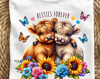 Besties Forever Cute Highland Cow T-Shirt Design, Mug Sublimation Design Best Friends, Best Friends Affirmation, Cute Best Friend PNG
