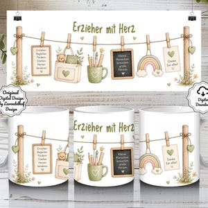 May include: White ceramic mug with a design featuring the text "Erzieher mit Herz" and illustrations of a clothesline with hanging cards, a rainbow, and a teddy bear. The design is in soft pastel colours.