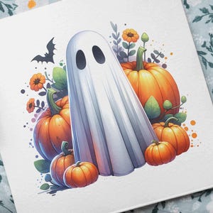 12 modèles de fantômes d'Halloween câlins avec des citrouilles Téléchargement de produits numériques Fichier PNG Clipart DTF Ensemble d'impression par sublimation Spooky Kids