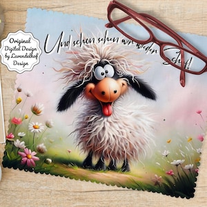 Könnte beinhalten: Eine Illustration eines überraschten Schafs mit herausgestreckter Zunge, umgeben von Blumen. Der Hintergrund zeigt deutschen Text und eine weinrote Brille. Das Design ist auf einem blauen, gezackten Hintergrund.