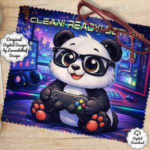May include: A digital illustration of a panda wearing glasses and holding a video game controller. The panda is in front of a computer screen with the words "CLEAN! READY! SET!" above it. A pair of red glasses rests on top of the image.