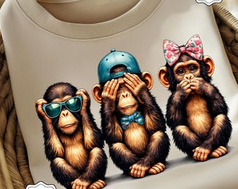 Cute Three Wise Monkeys T-Shirt Mug Design PNG, cute hear no evil, see no evil, speak monkey motif for sublimation digital printing png