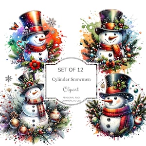 Bonhommes de neige mignons et magiques avec des chapeaux haut de forme sur fond de Noël dans un style aquarelle, ensemble de cliparts, clipart aquarelle de Noël