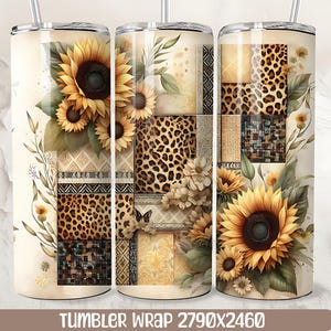 Puede incluir: Un envoltorio de vaso de acero inoxidable con un diseño de girasoles, estampado de leopardo y patrones geométricos. El envoltorio tiene un fondo beige con el texto "TUMBLER WRAP 2790X2460" en la parte inferior. El diseño incluye elementos florales y de animales.