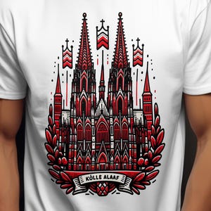 Kölle Alaaf Cologne Cathedral&quot; – Carnival T-shirt design with cathedral motif and carnival saying – Red and white design for Cologne lovers – PNG