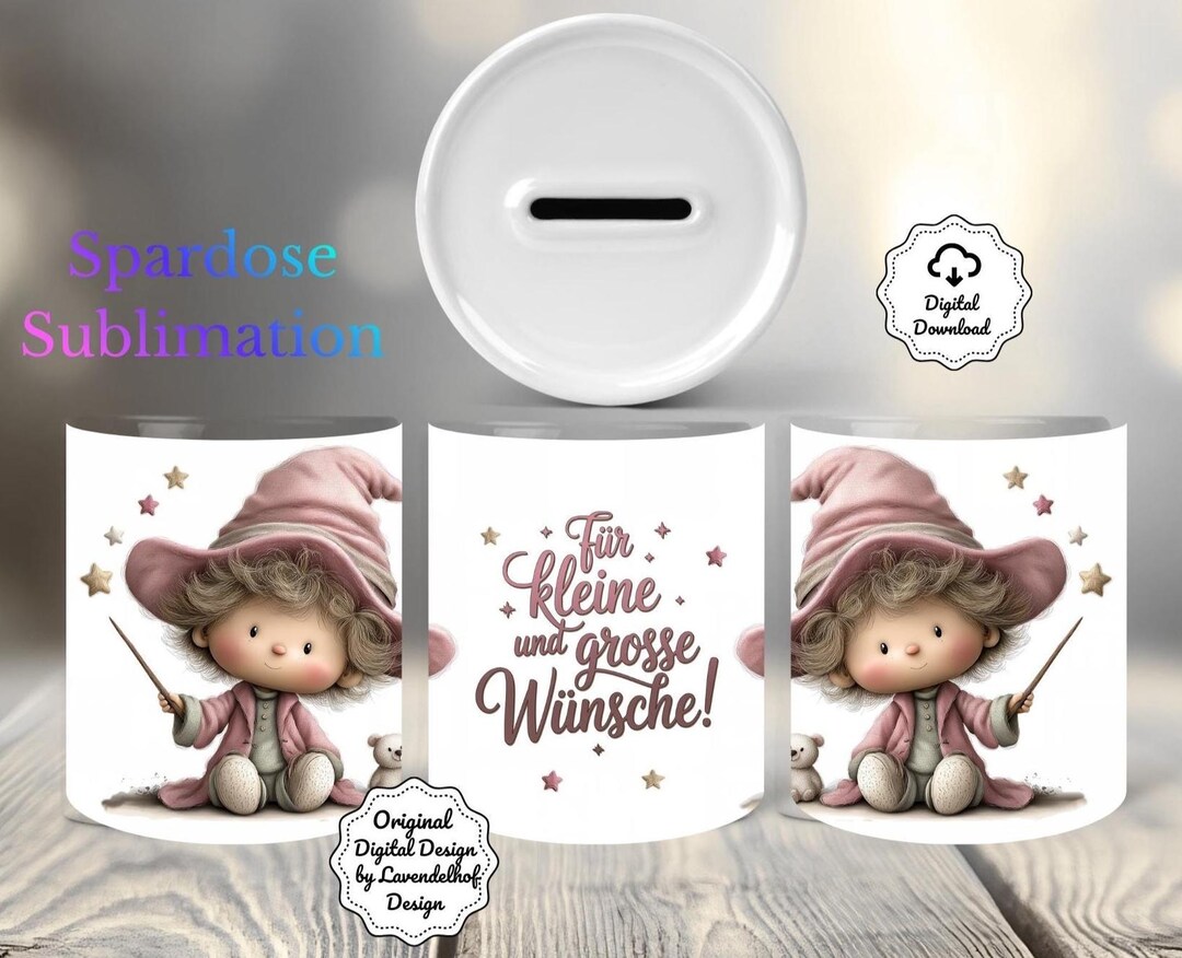 Niedlicher Zauberer Datei Spardose kleine Wünsche PNG Design Geschenk Jungen Geburtstag Einschulung Kaffee Becher deutsch Digital DTF Druck