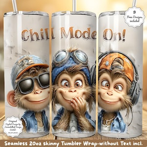 Könnte beinhalten: Ein nahtloses 20oz Skinny-Tumbler-Wrap mit dem Text "Chill Mode On!" und Illustrationen von drei Cartoon-Affen. Die Affen tragen Sonnenbrillen, Fliegerbrillen und Kopfhörer. Das Design enthält "9 Free Designs included".