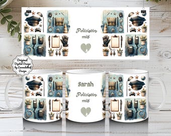 Police officer with heart, customizable 11oz mug wrap, police professions, PNG clipart, sublimation, German DTF illustration file, digital print