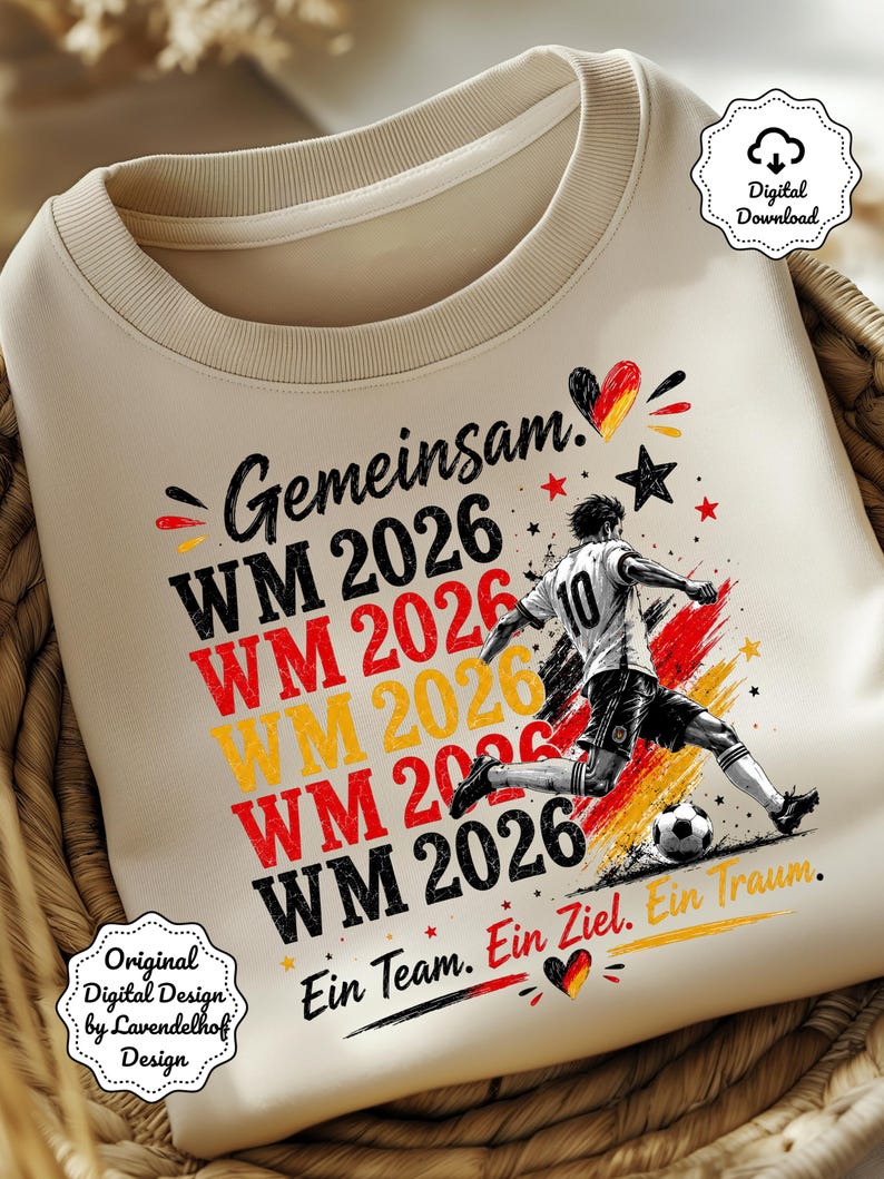 May include: Cream-colored sweatshirt featuring a soccer player kicking a ball, with the text "WM 2026" in red, yellow, and black. The design includes German text and a heart with the German flag colors. "Ein Team. Ein Ziel. Ein Traum."