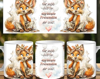 Best friend in the world cute fox mug wrap coffee cup design 11oz sublimation design German sayings PNG file digital print