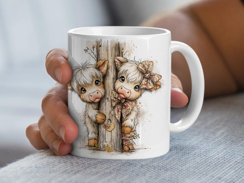 May include: White ceramic mug featuring a watercolor illustration of two adorable Highland cows peeking from behind a wooden post. The cows have fluffy white fur, brown ears, and are adorned with floral bows. A heart-shaped lock is on the post.
