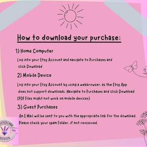 May include: A pink sticky note with instructions on how to download a purchase from Etsy. The note includes a sun illustration, butterfly and flower doodles, and the text "How to download your purchase:" and "Lavendelhoe Design".