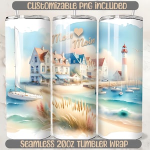 Moin Moin Ostseebad Seamless 20oz Tumbler Wrap PNG, Maritime coastal design with lighthouse, sailboat & houses, Customizable Sublimation Design