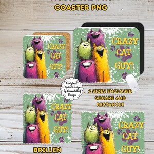 Könnte beinhalten: Eine Sammlung von Produkten zum Thema Katze, darunter ein Mauspad und Untersetzer, mit einem Cartoon-Design mit dem Text "Crazy Cat Guy!" Das Design zeigt eine Gruppe farbenfroher, lächelnder Katzen in Lila-, Gelb- und Grüntönen.
