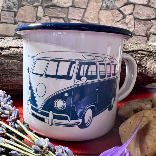 Personalisierbarer Emaille Becher/Tasse Volkswagen Design Bus/Camper Van / persönliches Nummernschild möglich