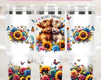 Besties Forever 40oz Baby Highland Cow Sunflower Tumbler Wrap Sublimation Design PNG Thermos Mug Coffee Mug Gift Best Friend Print