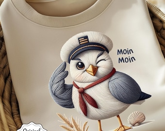 Diseño de camiseta Moin Moin, motivo costero del norte de Alemania, linda gaviota, capitán marítimo, PNG, impresión digital, descarga de PNG por sublimación.