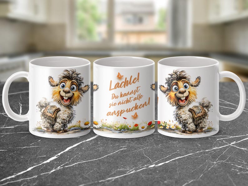 Lama Alpaka Lächle! Spucken•Kaffee Becher Design deutsch 11oz positiv Geschenk Kollege Kollegin•Sublimation Design Tassenwrap png Digital Bild 3