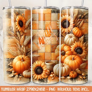 Könnte beinhalten: Ein Becher-Wrap-Design mit Herbstthema. Das Design umfasst Sonnenblumen, Kürbisse und Weizenähren in Orange-, Weiß- und Brauntönen. Die Worte "Fall Vibes" werden auf einem Mosaikhintergrund angezeigt.