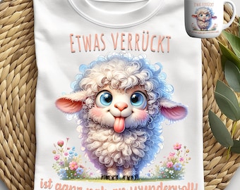 Something crazy is very close to wonderful. Cute sheep PNG sayings in German for coffee mugs & shirts. Funny sublimation design clipart.