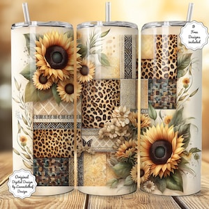 Confezione PNG per bicchiere termico skinny da 20 once con stampa leopardata e motivo a girasoli, design boho autunnale, stampa leopardata, file per sublimazione, idea regalo, stampa digitale