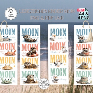 May include: Four illustrated bookmarks featuring sea creatures and the word "MOIN". Each bookmark displays a different sea animal, such as crabs, otters, seagulls, and seals. The bookmarks have a tassel and the text "LESEZEICHEN KINDER MOIN".