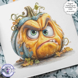 Puede incluir: Ilustración digital de una calabaza antropomórfica con expresión enfadada. La calabaza es principalmente naranja con detalles azul-verdes y ojos grandes y expresivos. La imagen incluye el texto "Original Digital Design by Lavendelhof Design Listed: 05.08.2025."