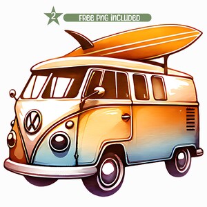 May include: A vintage yellow and blue Volkswagen van with a surfboard on top. The van has a white roof and a white front bumper. The surfboard is orange and has a white fin.