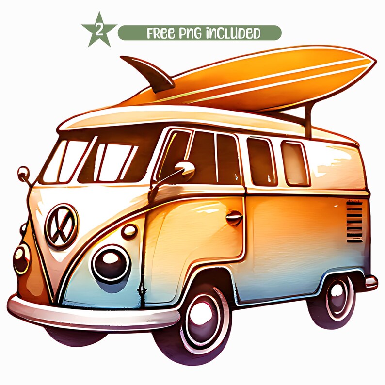 May include: A vintage yellow and blue Volkswagen van with a surfboard on top. The van has a white roof and a white front bumper. The surfboard is orange and has a white fin.