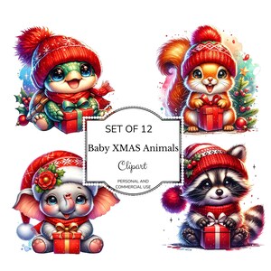 Animaux mignons avec des cartes-cadeaux au format png, animaux, ensemble de cliparts pour bébés animaux de Noël, produits numériques, art, sublimation au format png de Noël, DTF