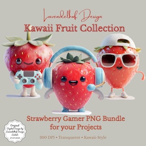 Könnte beinhalten: Digitale Illustration mit drei anthropomorphen Erdbeeren. Eine Erdbeere hält einen blauen Gamecontroller, eine andere trägt Kopfhörer und die dritte trägt Sonnenbrille und Kappe. Text: "Kawaii Fruit Collection" und "Strawberry Gamer PNG Bundle für Ihre Projekte."