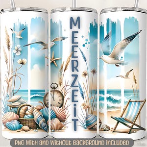 Meerzeit 20oz Tumbler Wrap,Maritimes 20oz Sublimationsdesign mit Möwen, Muscheln & Strandstuhl,PNG mit/ohne Hintergrund,Sommer Meer Küste