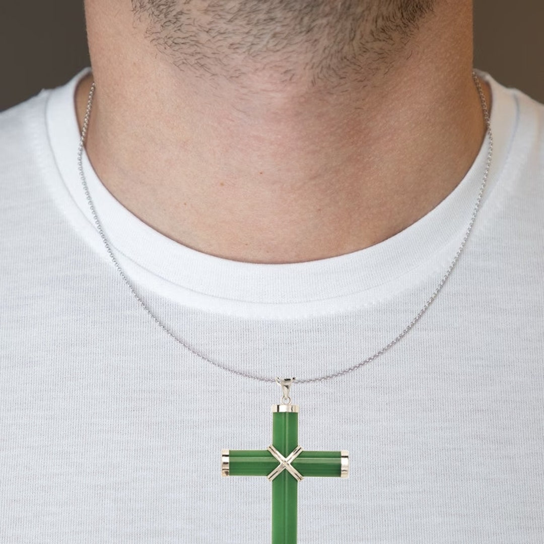 925 Sterling Silver Rhodiumplated 18 Men's Extralarge Green Jade