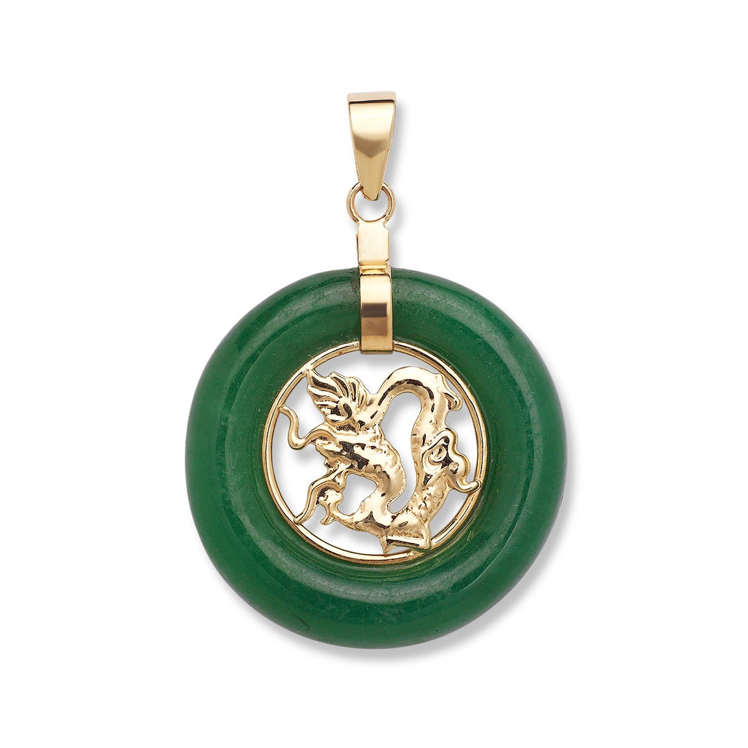 Jewelryweb 14k Yellow Gold Genuine Jade or Onyx Donut Dragon Pendant