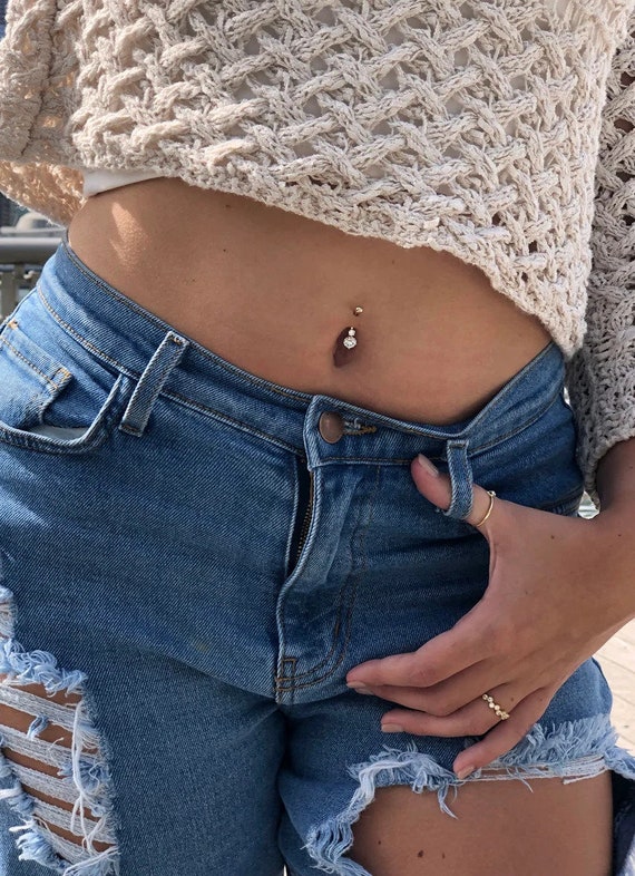 Real 10k Gold Simulated Diamond Double Belly Ring Dangle Belly
