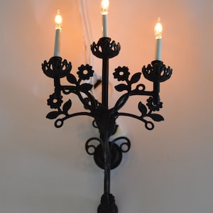 Può includere: Un'applique da parete in metallo nero con tre luci. L'applique è decorata con un motivo floreale e ha un braccio lungo e curvo.