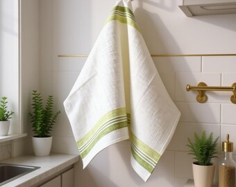 Natural Linen Striped Tea Towel: White Kitchen Dish Towel