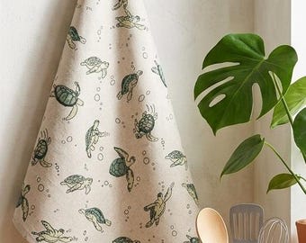Paño de cocina de lino con estampado de tortuga marina verde – Regalo de decoración costera para ella, paño de cocina de lino orgánico, regalo único para inauguración de casa