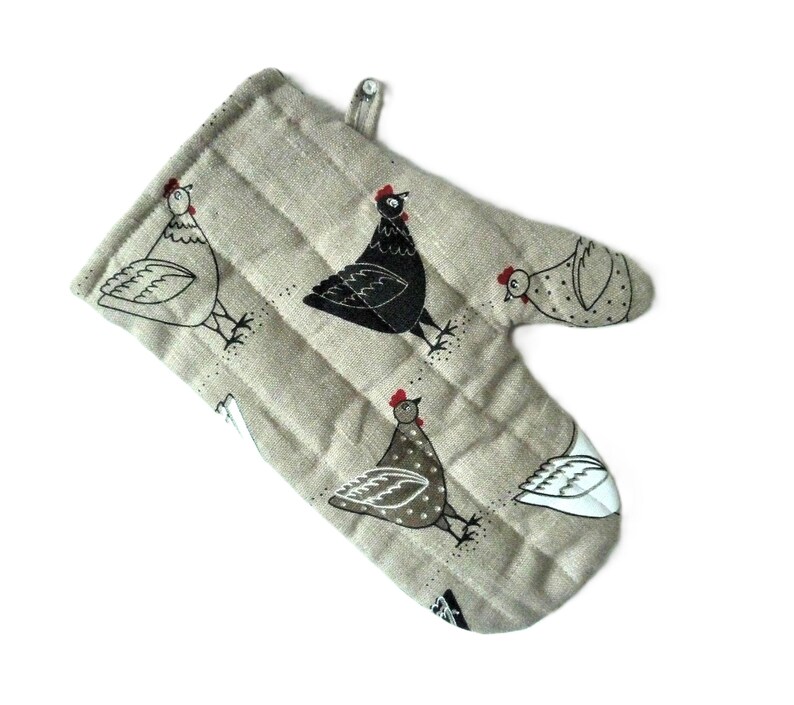 Linen Chicken Oven Mitt: Unique Kitchen Gift, Housewarming Present image 3