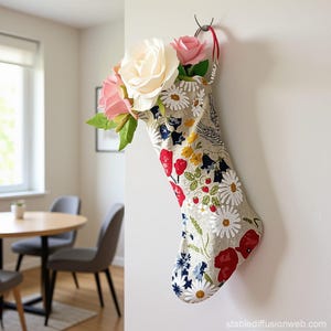 Peut inclure: Une chaussette de Noël fleurie avec un fond beige, ornée de coquelicots rouges, de marguerites blanches et de fleurs bleues. La chaussette est remplie de grandes roses en papier roses et crème, et de feuilles vertes. Elle est suspendue à un crochet noir sur un mur blanc.