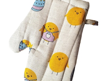 Manopla de horno infantil de lino de Pascua: diseño de pollo, regalo acolchado para la cocina