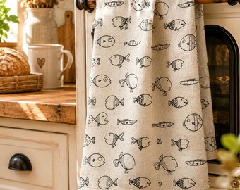 Linen Fish Towel, Beach House Linen Gift, Farmhouse Kitchen Towel