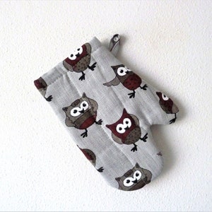 Linen oven glove for kids, owls children oven mitt, owl linen kids oven mitten, linen owl oven mitt