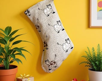 Cow Print Christmas Stocking: Handmade Linen Holiday Decor Farmhouse Stocking for Kids
