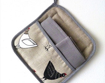 Linen Kitchen Towel Set: Chicken Decor, Waffle Weave - Includes Pot Holder