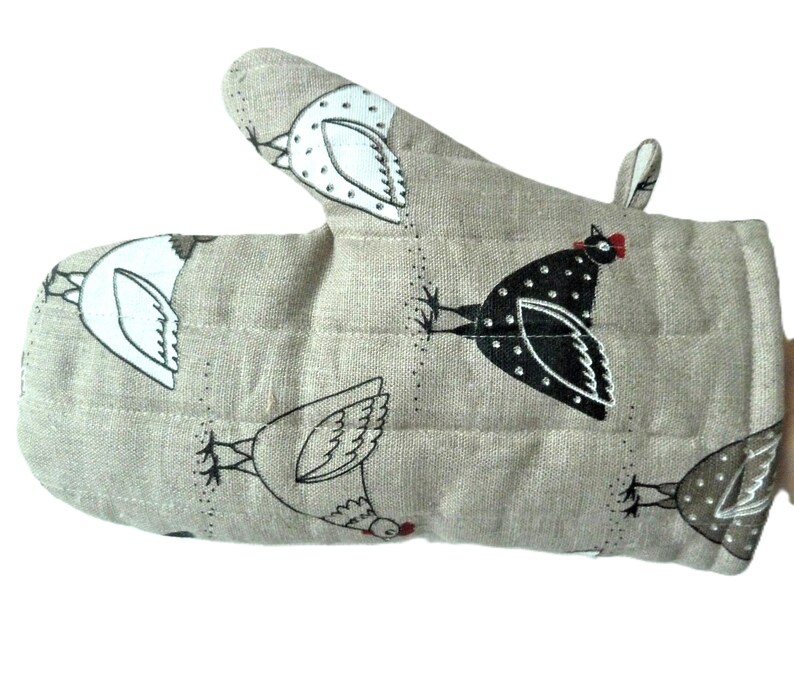 Linen Chicken Oven Mitt: Unique Kitchen Gift, Housewarming Present image 2