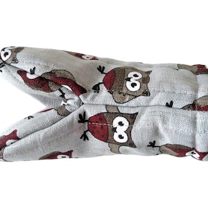 Linen Oven Mitt – Owl and Bird Print, Heat Resistant Kitchen Glove