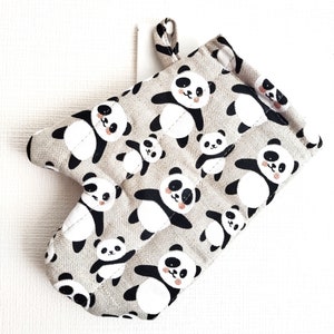 Kids panda linen oven mitt, cute panda linen oven glove for kids, child sized panda linen oven glove, cute flax kids oven mitt
