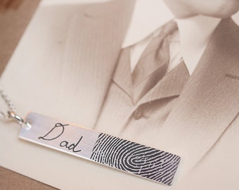 Actual Fingerprint with Real Handwriting Necklace• Vertical Bar Handwriting Necklace •  Memorial Fingerprint Jewelry • Father’s Day